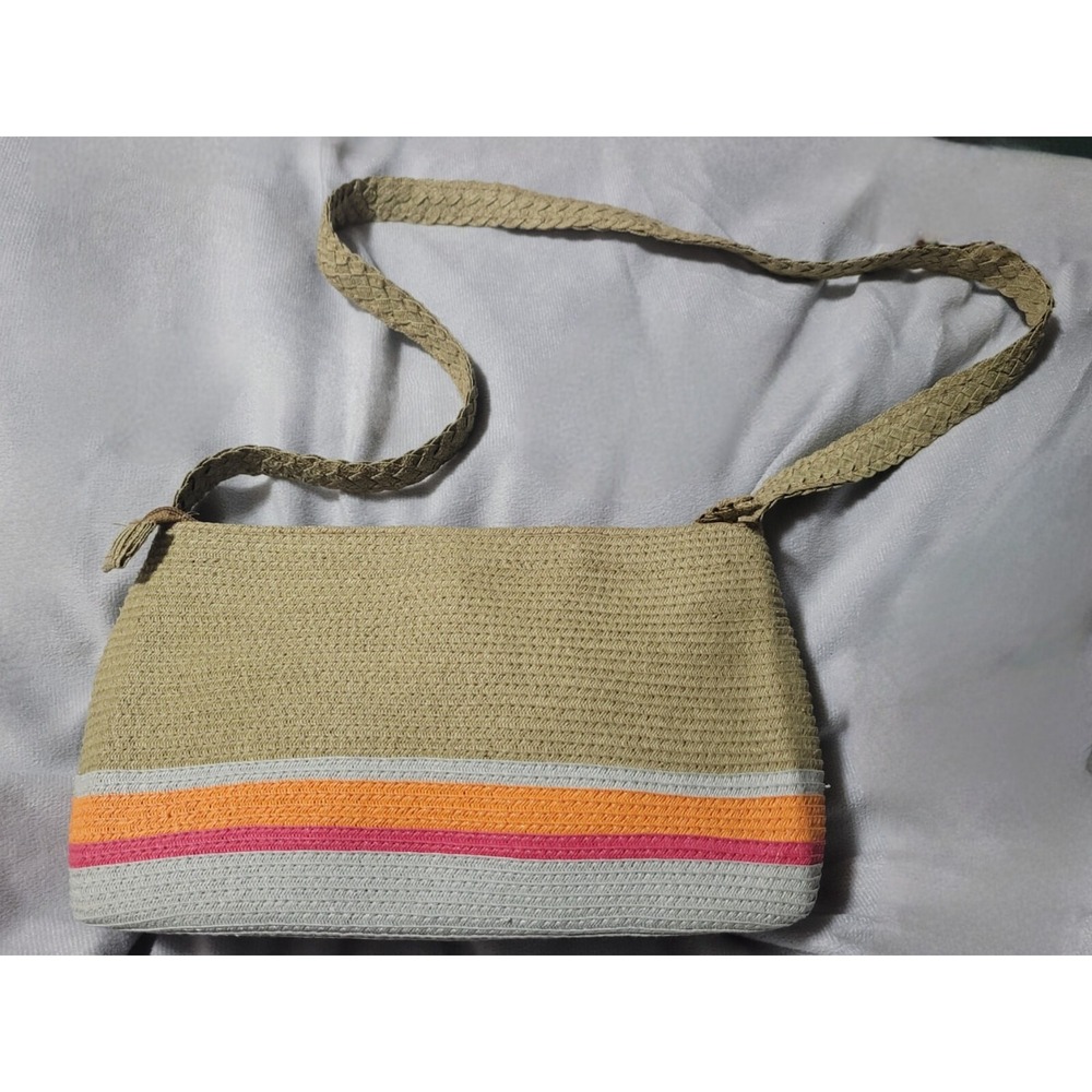 Liz Claibourne Crocheted Woven Handbag Purse Orange Pink Stripes Boho
